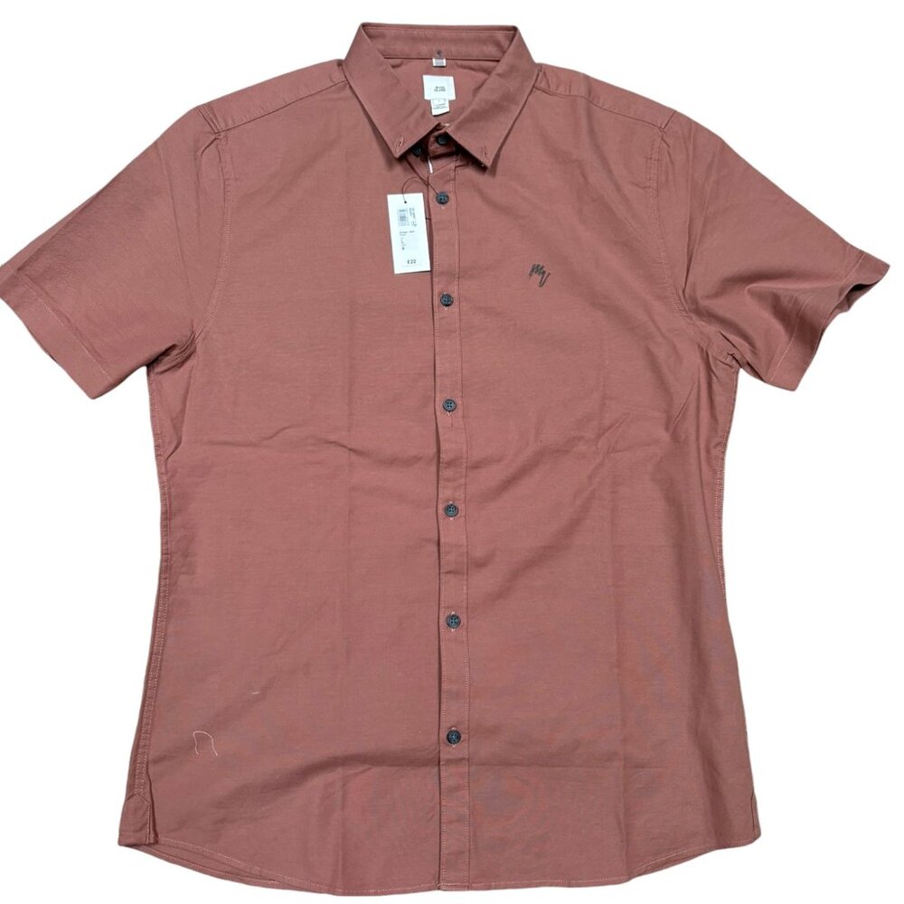 River Island Dark Orange button Down  Shirt Sleeve Men Slim Shirt Size Large